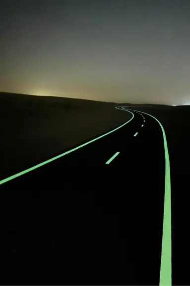 Glowing road markings at night